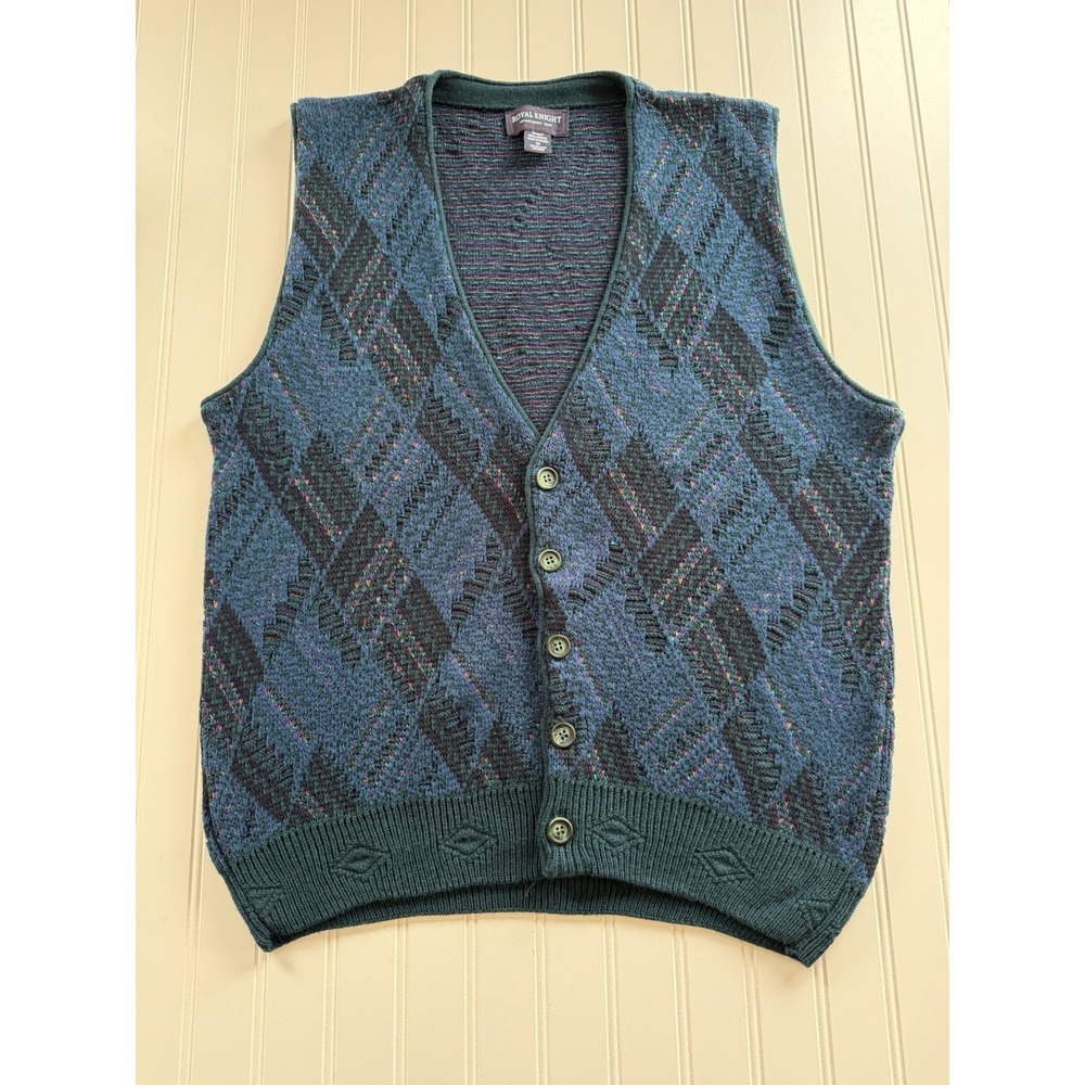Vintage Argyle Sweater Vest Button Front Blue Green Preppy Dad Core M